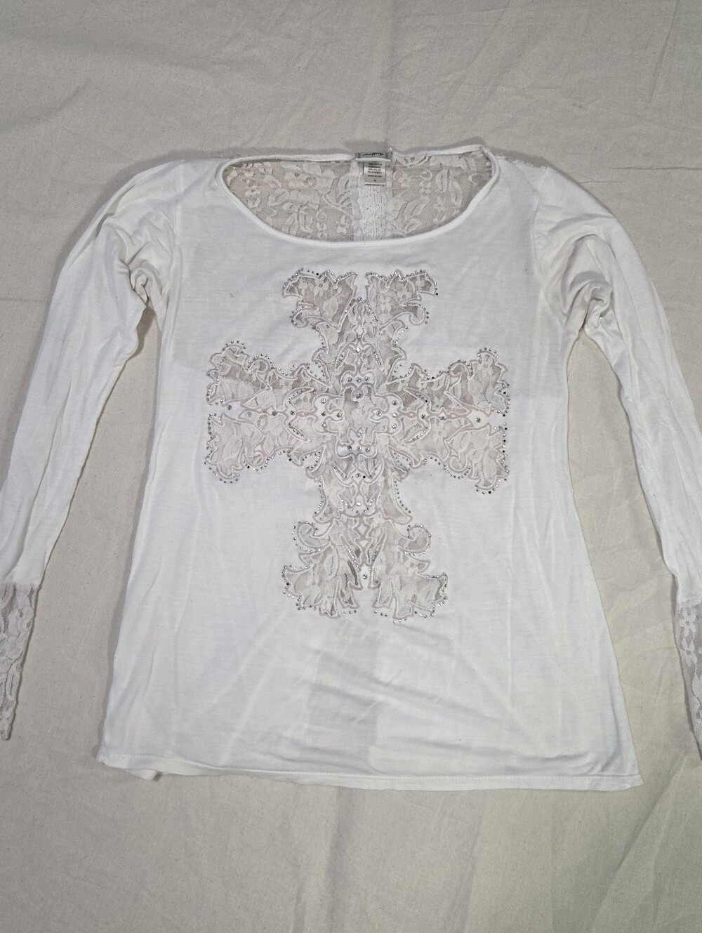Vintage Daytrip Embellished Cross & Lace Long Sleeve Top